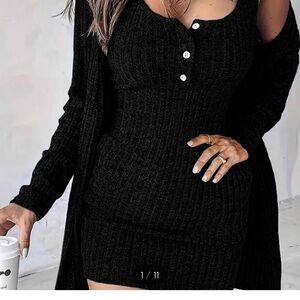 “Soft Era” Black Ribbed Knit Dress and Cardigan Set